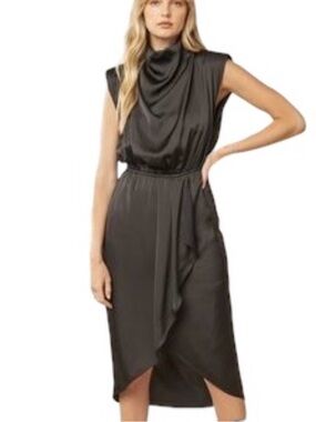 Entro Sleeveless Black Satin Cowl-Neck Midi Dress- Large